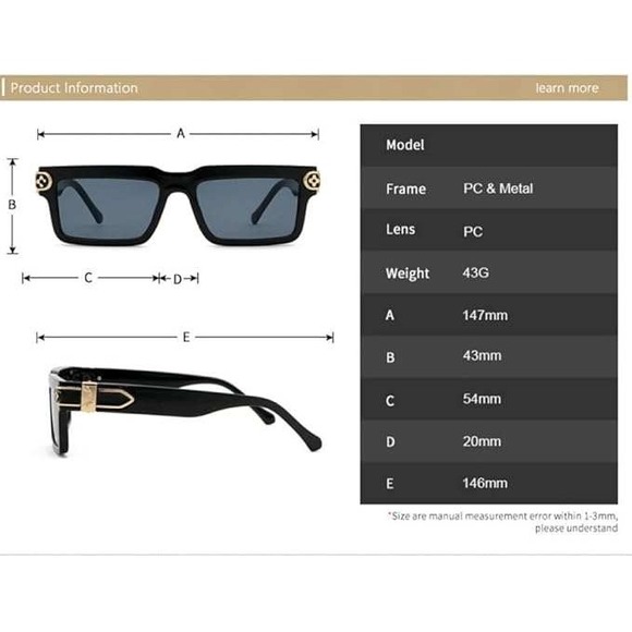 Men's Black Square Sunglasses Gold Accent Detail Dark Lenses Eyewear Cholo Shade - Picture 7 of 7
